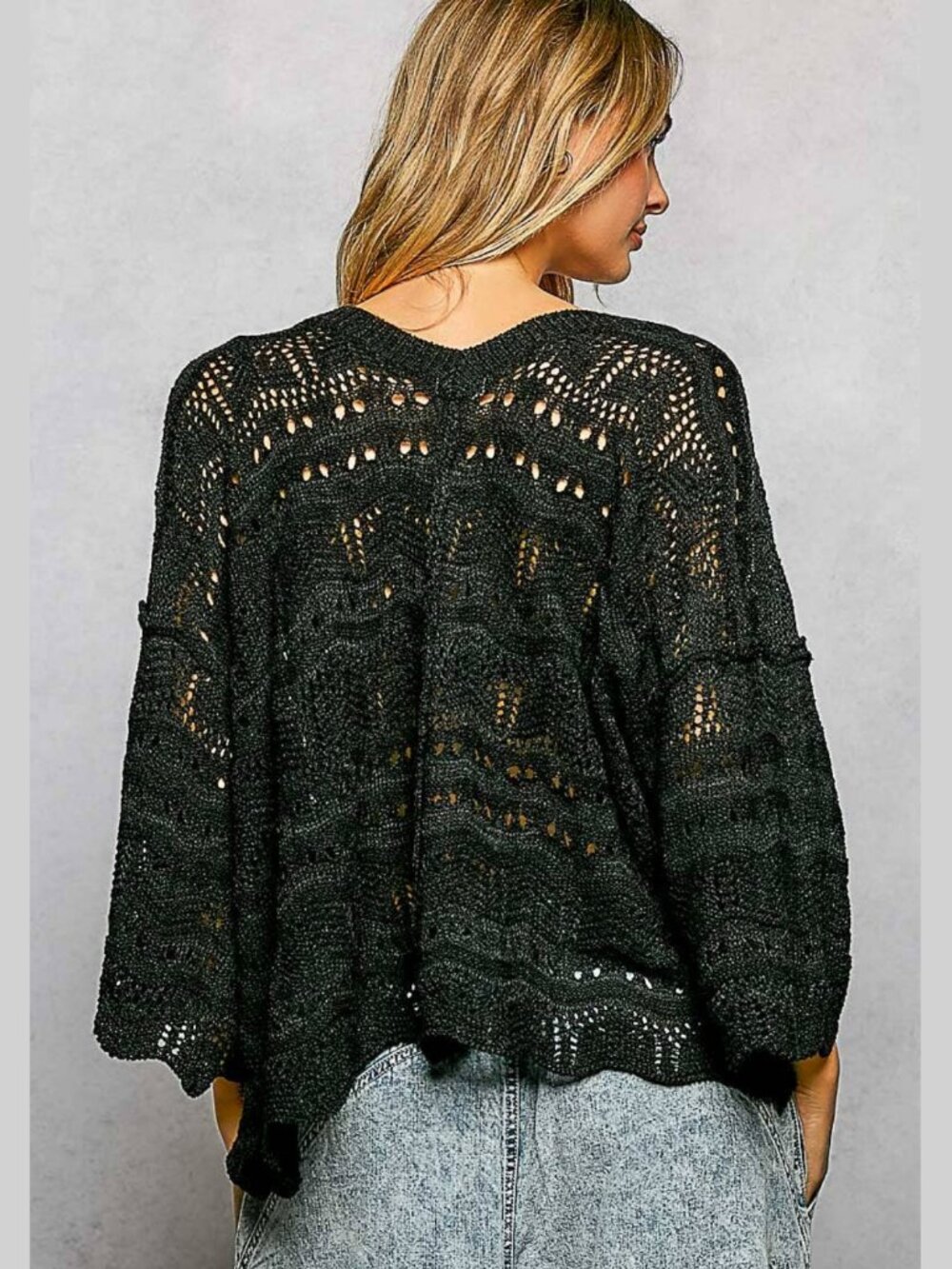 NWT POL Open Knit V-Neck Oversized Sweater Top – Black (M/L) - Picture 3 of 7